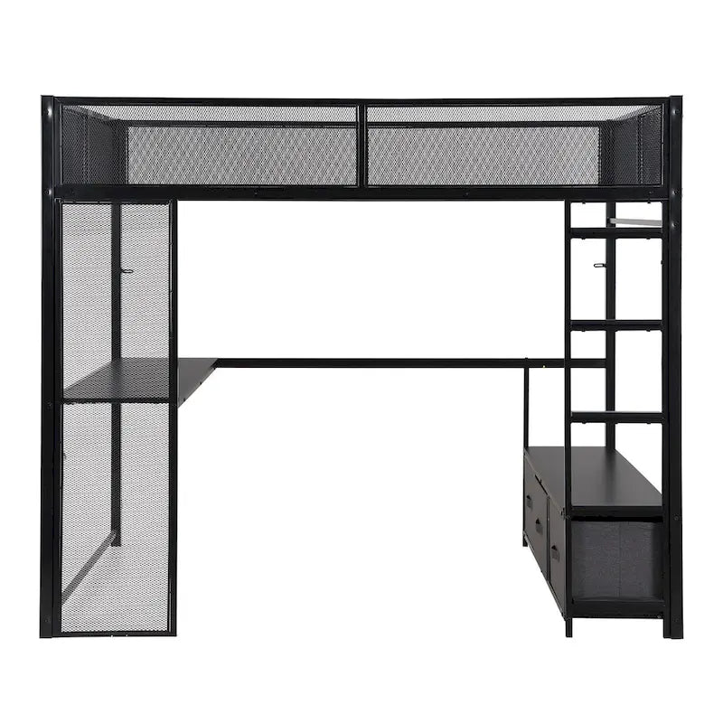 Full Size Metal Loft Bed with LED Lights, Desk and Storage