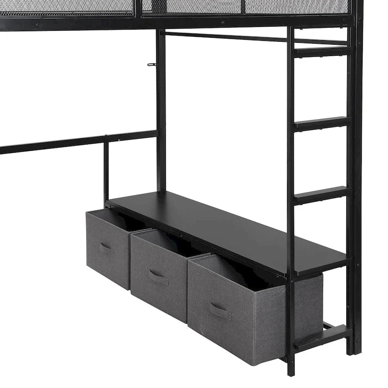 Full Size Metal Loft Bed with LED Lights, Desk and Storage