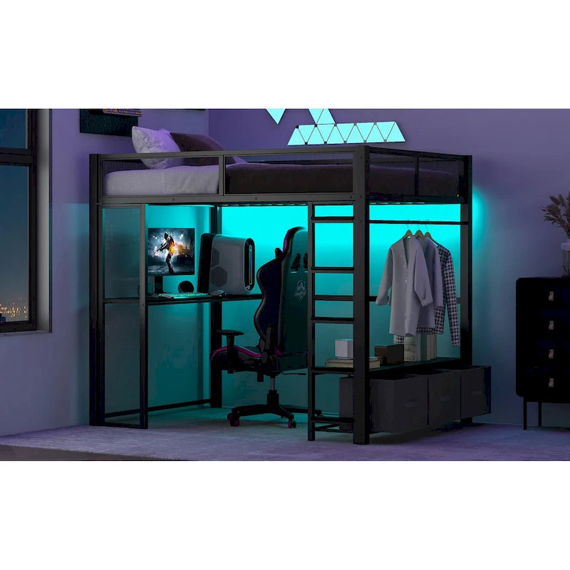 Full Size Metal Loft Bed with LED Lights, Desk and Storage
