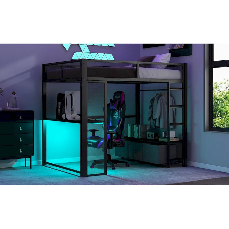 Full Size Metal Loft Bed with LED Lights, Desk and Storage