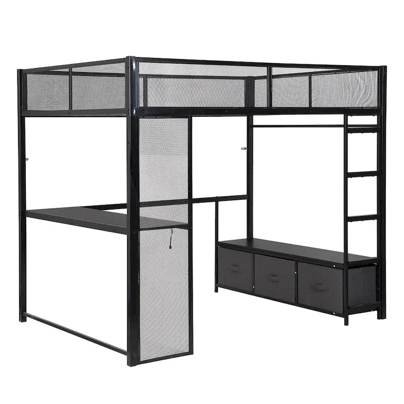 Full Size Metal Loft Bed with LED Lights, Desk and Storage