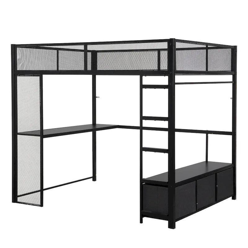 Full Size Metal Loft Bed with LED Lights, Desk and Storage