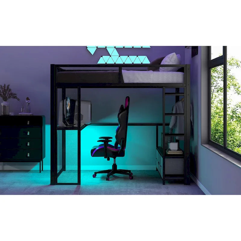 Full Size Metal Loft Bed with LED Lights, Desk and Storage