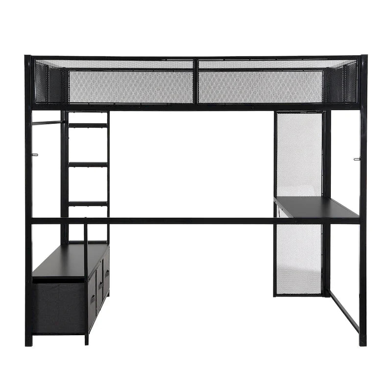Full Size Metal Loft Bed with LED Lights, Desk and Storage