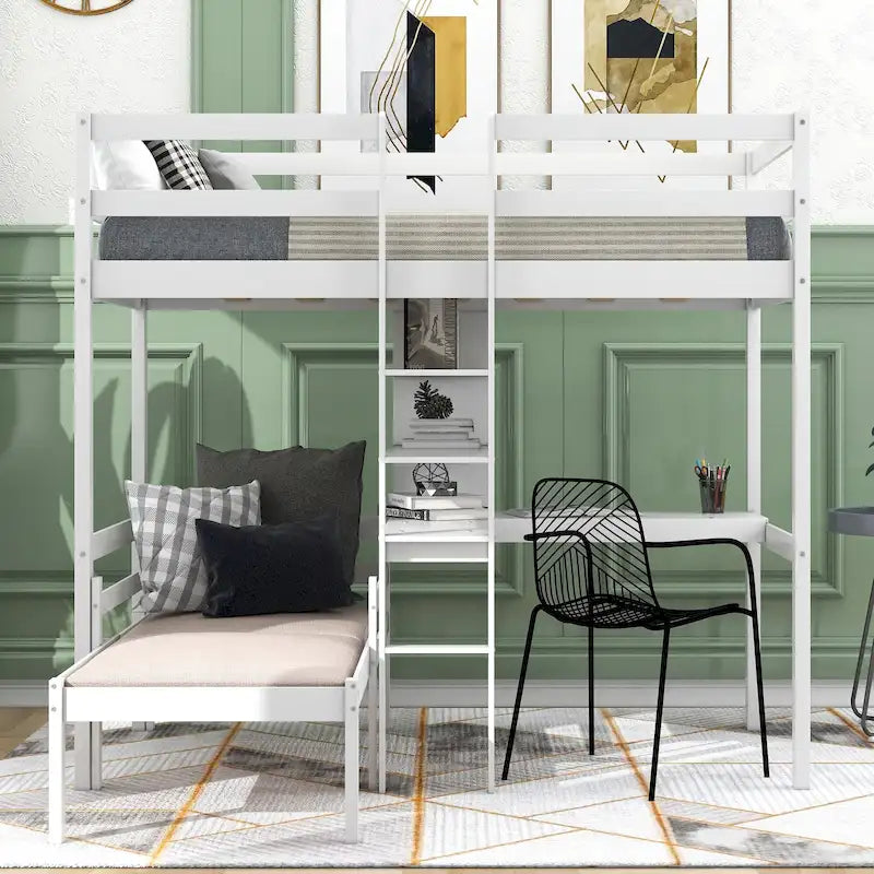 Convertible Twin Wood Loft Bed with L-Shaped Desk and Shelves