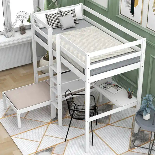 Convertible Twin Wood Loft Bed with L-Shaped Desk and Shelves