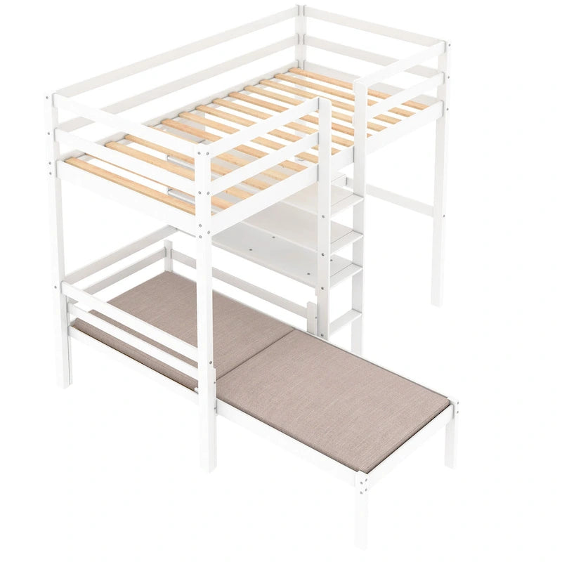Convertible Twin Wood Loft Bed with L-Shaped Desk and Shelves