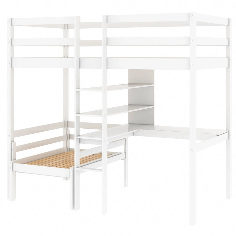 Convertible Twin Wood Loft Bed with L-Shaped Desk and Shelves
