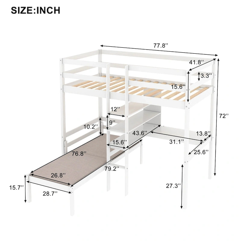Convertible Twin Wood Loft Bed with L-Shaped Desk and Shelves