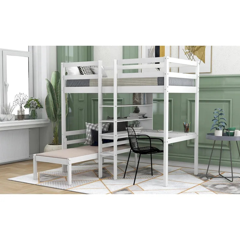 Convertible Twin Wood Loft Bed with L-Shaped Desk and Shelves