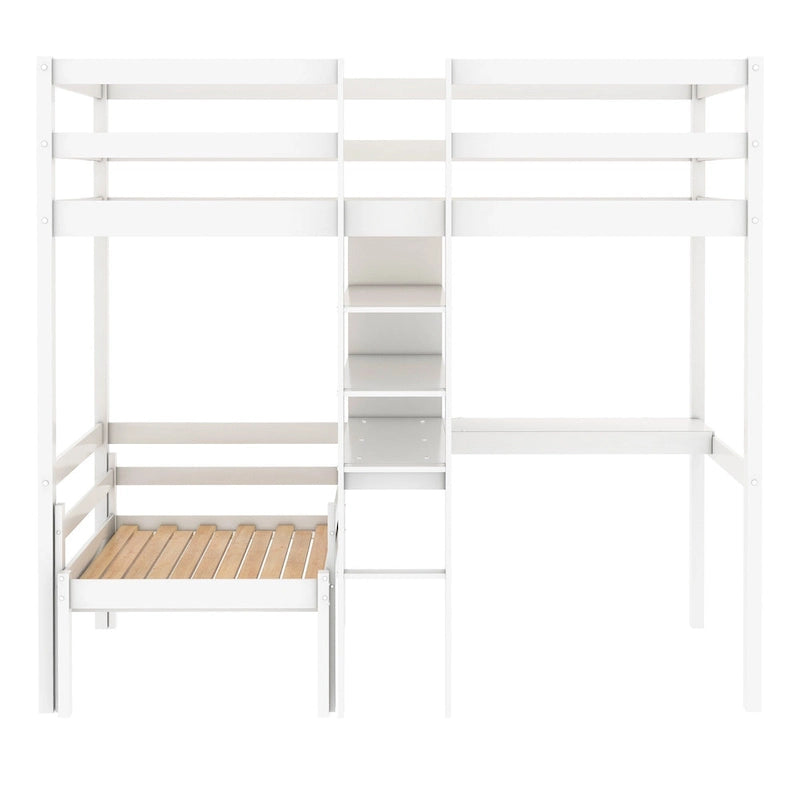 Convertible Twin Wood Loft Bed with L-Shaped Desk and Shelves