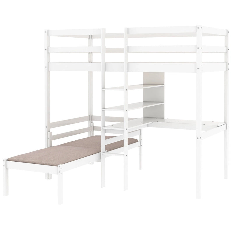 Convertible Twin Wood Loft Bed with L-Shaped Desk and Shelves