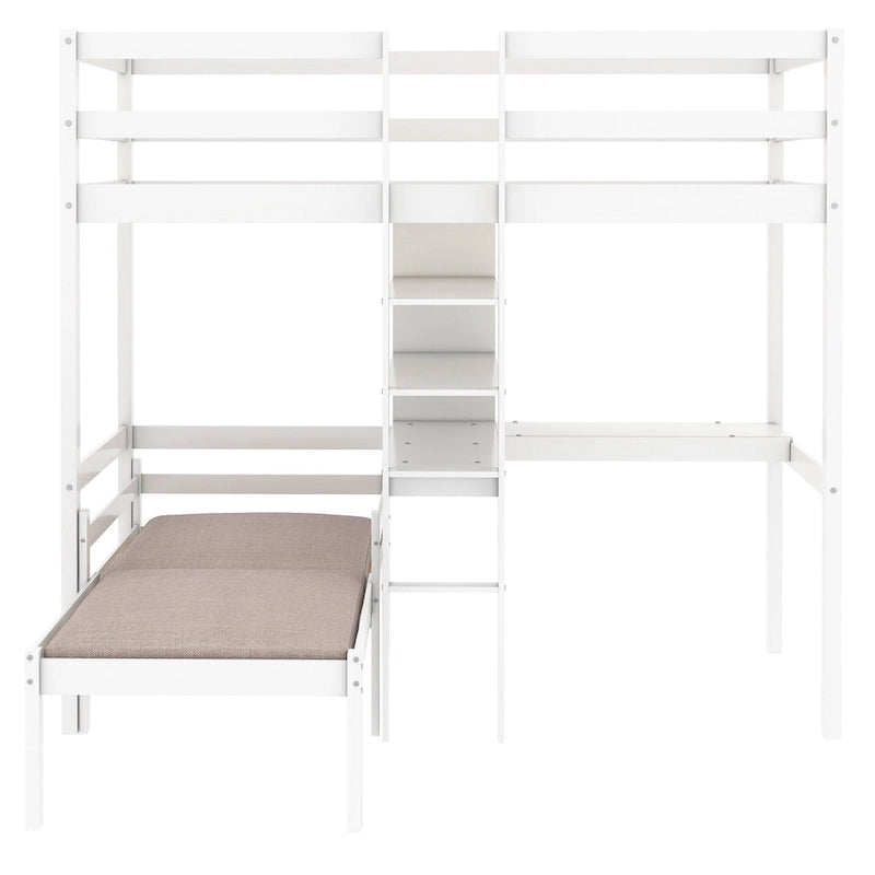 Convertible Twin Wood Loft Bed with L-Shaped Desk and Shelves