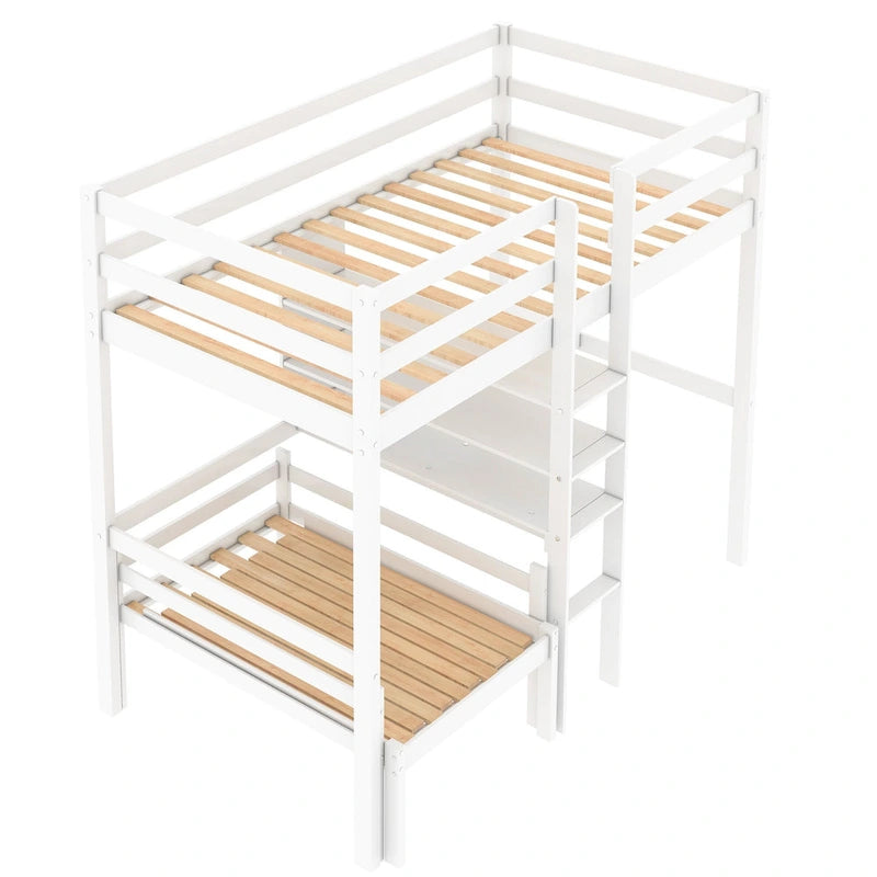 Convertible Twin Wood Loft Bed with L-Shaped Desk and Shelves