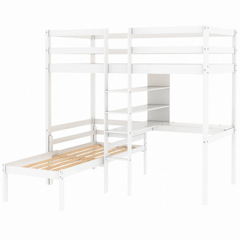 Convertible Twin Wood Loft Bed with L-Shaped Desk and Shelves