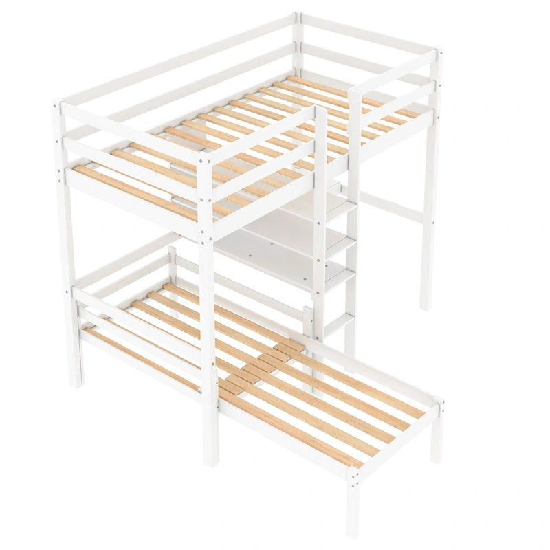 Convertible Twin Wood Loft Bed with L-Shaped Desk and Shelves