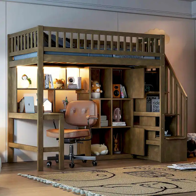 Twin Wood Loft Bed with Desk, LED Lighting and Storage