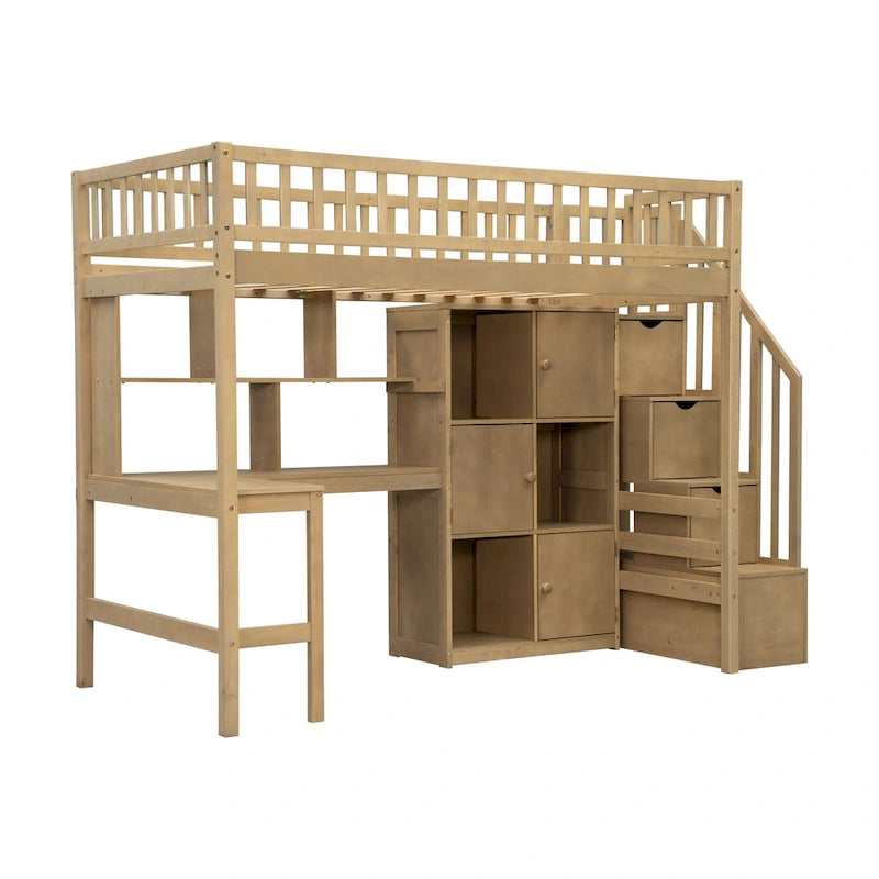 Twin Wood Loft Bed with Desk, LED Lighting and Storage