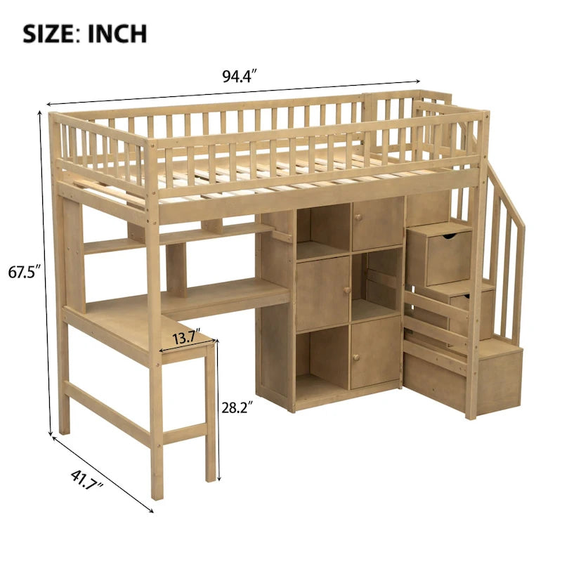Twin Wood Loft Bed with Desk, LED Lighting and Storage
