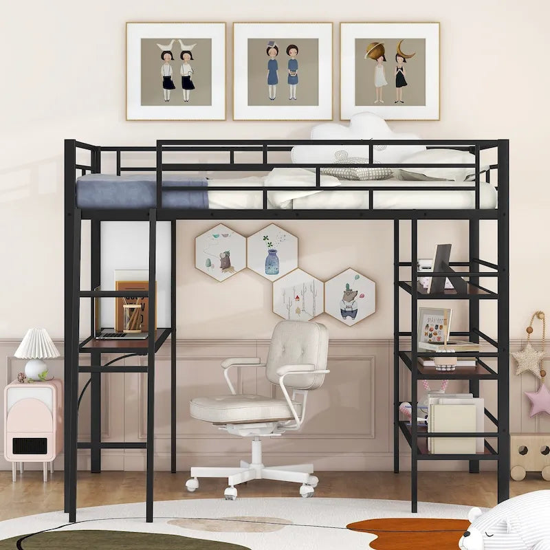 Full Metal Loft Bed with Desk, Shelves and Whiteboard