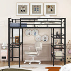 Cama alta de metal tamaño matrimonial con escritorio, estantes y pizarra blanca