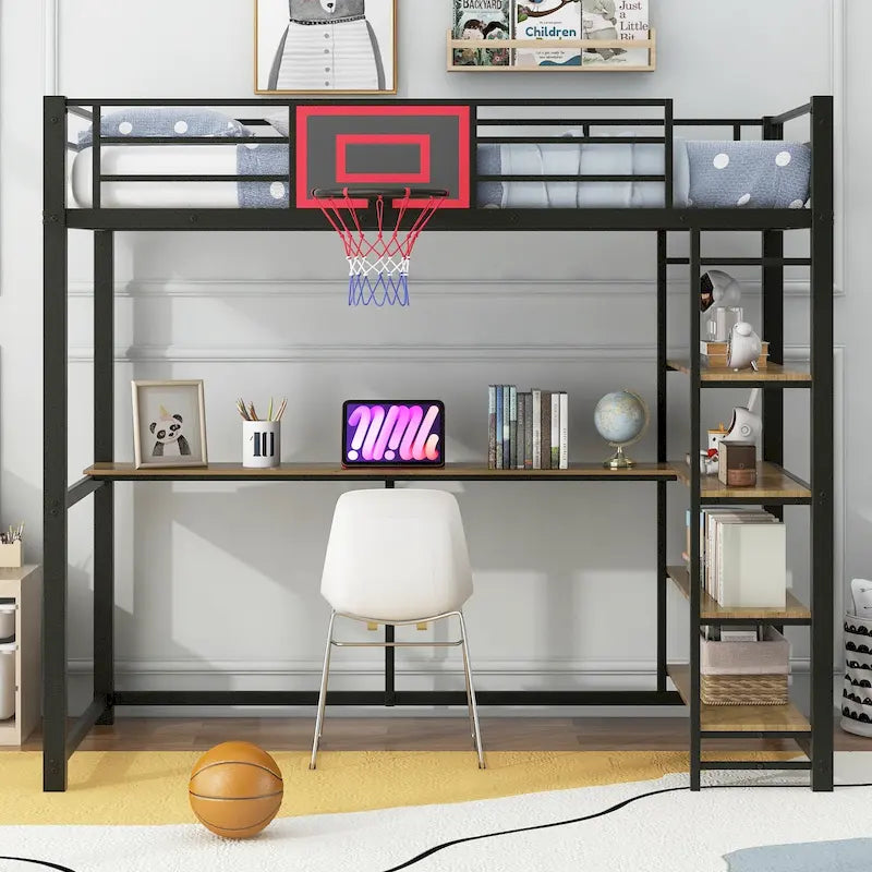 Black Twin Metal Loft Bed with Desk, Shelves and Basketball Hoop
