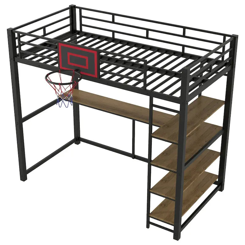 Black Twin Metal Loft Bed with Desk, Shelves and Basketball Hoop