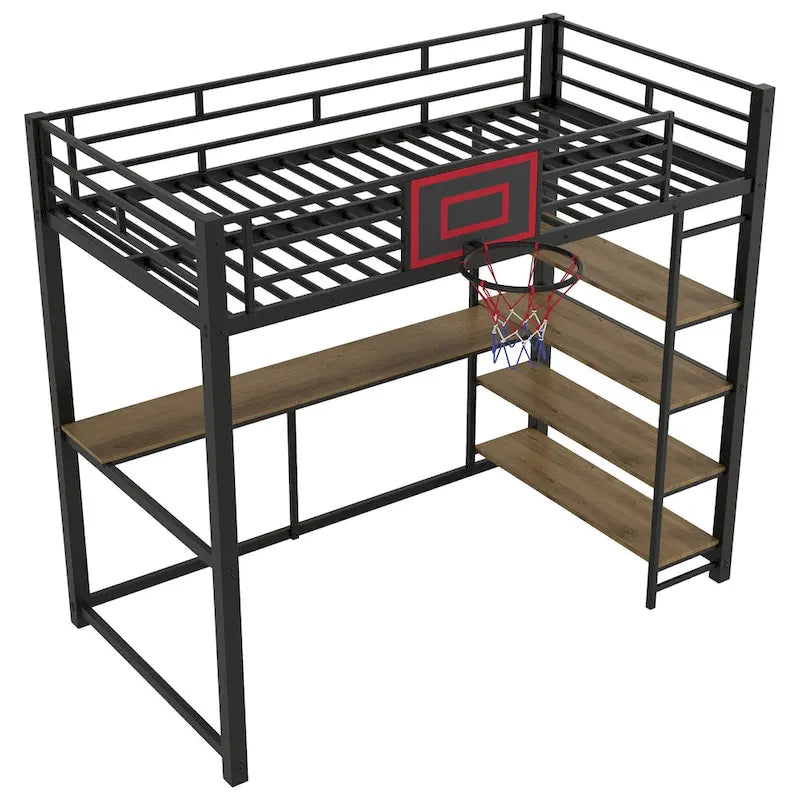 Black Twin Metal Loft Bed with Desk, Shelves and Basketball Hoop