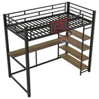 Lit mezzanine métallique noir une place avec bureau, étagères et panier de basket