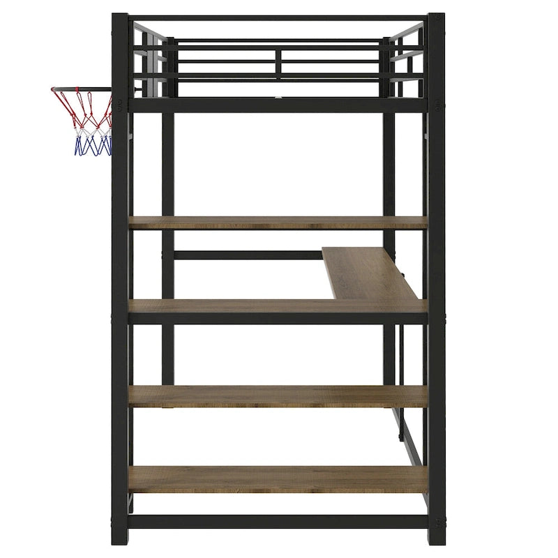 Black Twin Metal Loft Bed with Desk, Shelves and Basketball Hoop