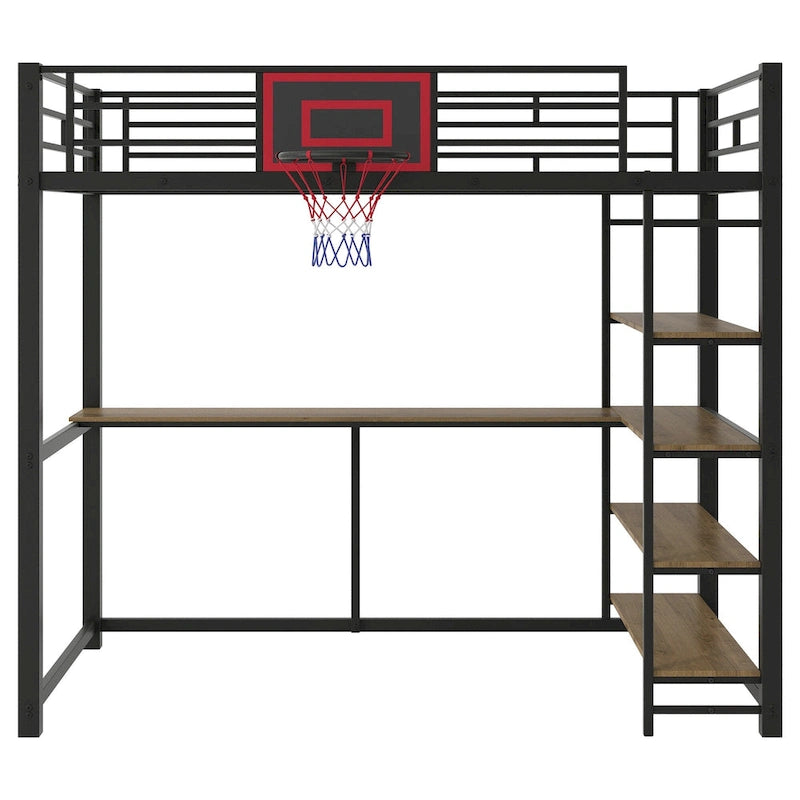 Black Twin Metal Loft Bed with Desk, Shelves and Basketball Hoop