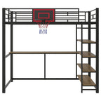 Lit mezzanine métallique noir une place avec bureau, étagères et panier de basket