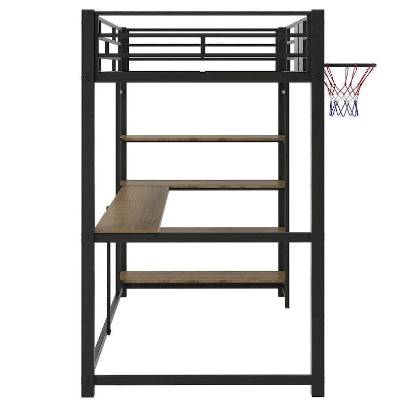 Black Twin Metal Loft Bed with Desk, Shelves and Basketball Hoop