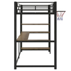 Lit mezzanine métallique noir une place avec bureau, étagères et panier de basket