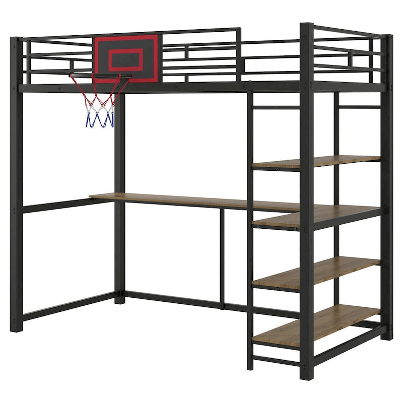 Black Twin Metal Loft Bed with Desk, Shelves and Basketball Hoop