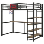 Lit mezzanine métallique noir une place avec bureau, étagères et panier de basket