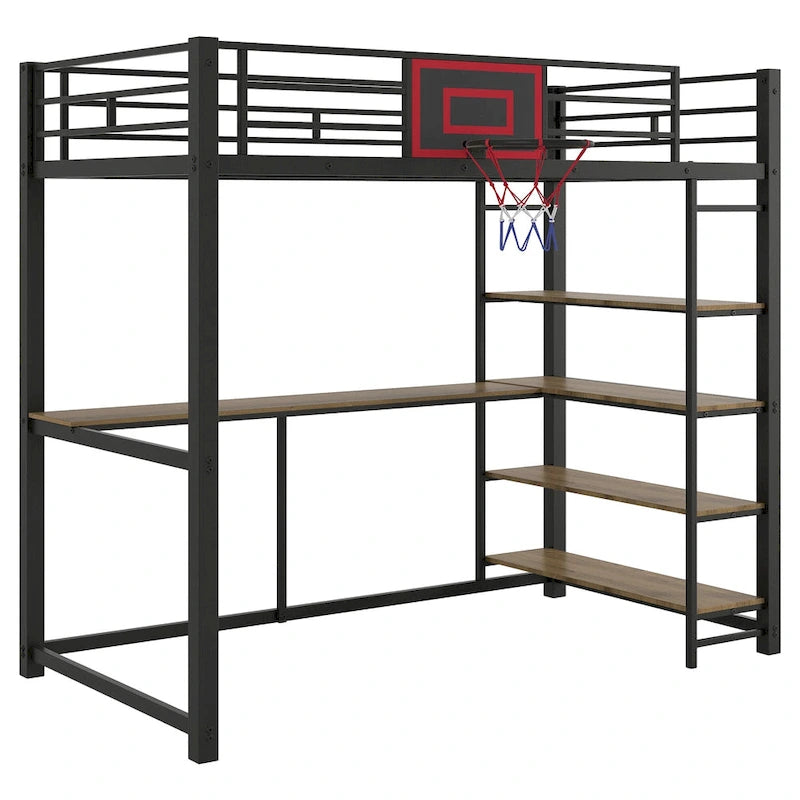 Black Twin Metal Loft Bed with Desk, Shelves and Basketball Hoop