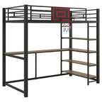 Lit mezzanine métallique noir une place avec bureau, étagères et panier de basket