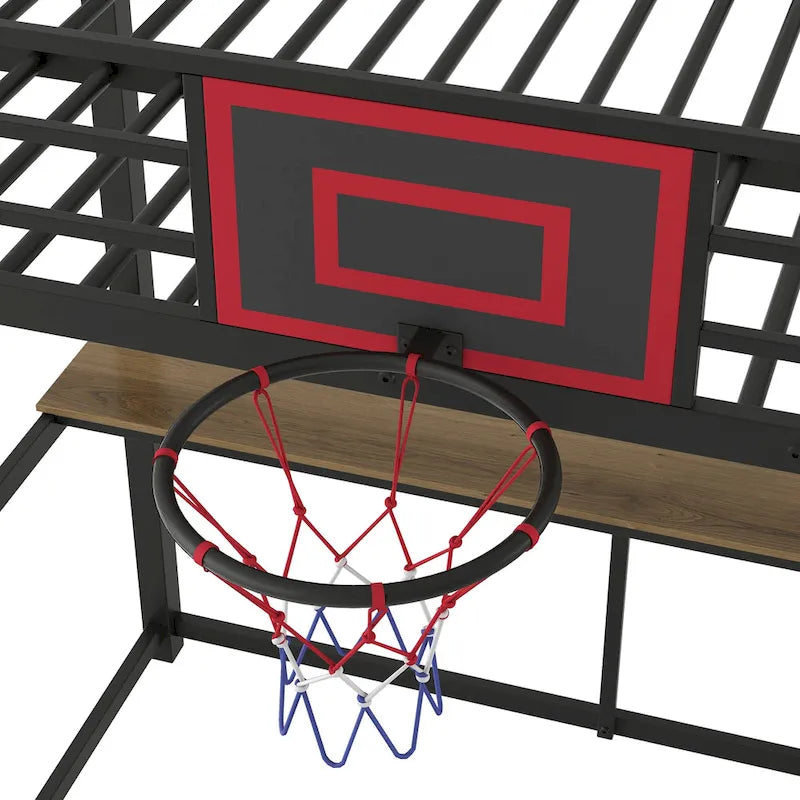 Black Twin Metal Loft Bed with Desk, Shelves and Basketball Hoop