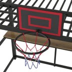 Lit mezzanine métallique noir une place avec bureau, étagères et panier de basket