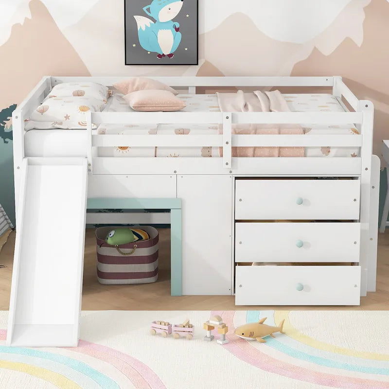 Full Size Low Loft Bed with Slide, 3 Drawers and 2 Doors
