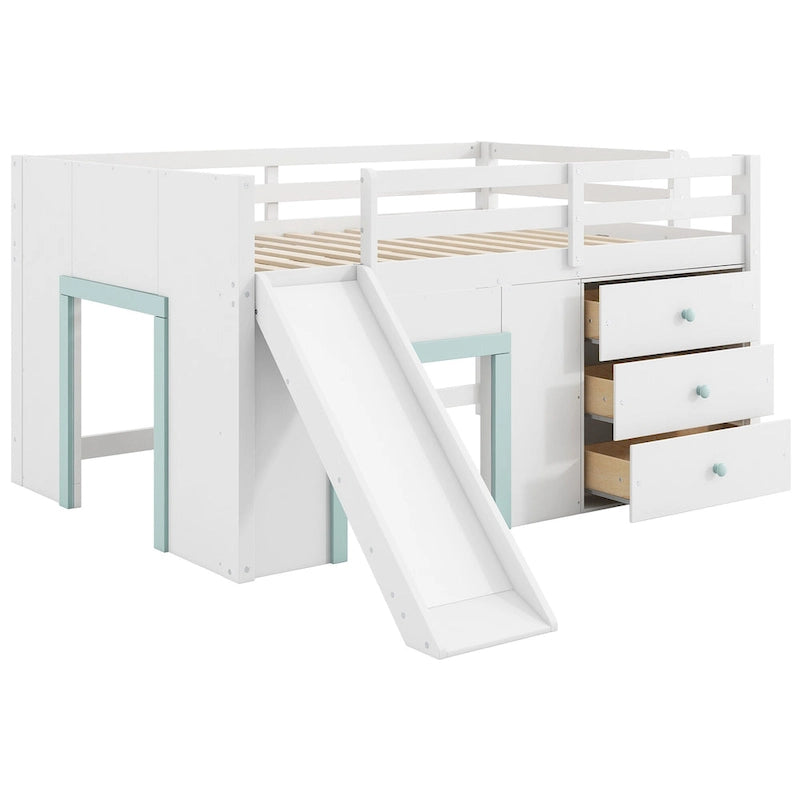 Full Size Low Loft Bed with Slide, 3 Drawers and 2 Doors