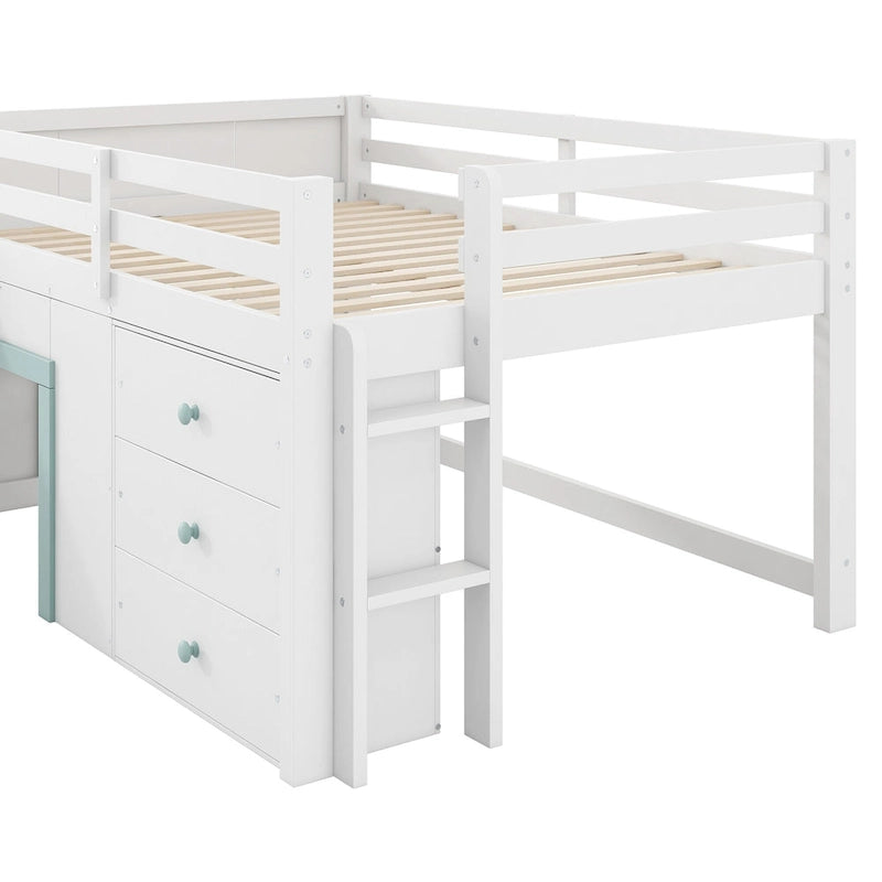 Full Size Low Loft Bed with Slide, 3 Drawers and 2 Doors