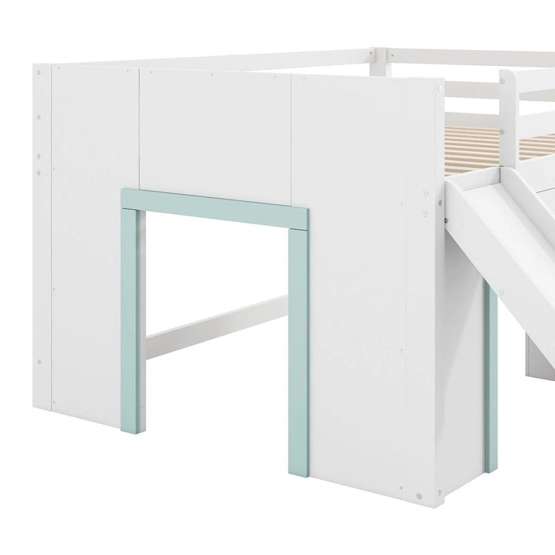 Full Size Low Loft Bed with Slide, 3 Drawers and 2 Doors
