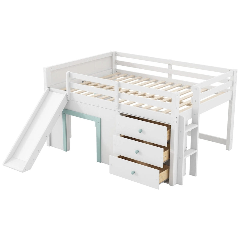 Full Size Low Loft Bed with Slide, 3 Drawers and 2 Doors