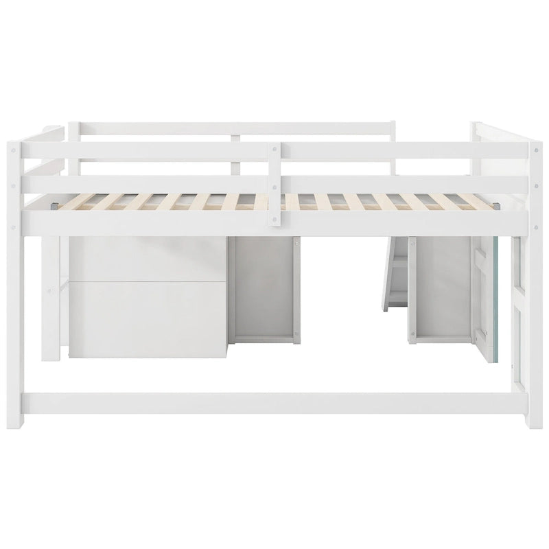 Full Size Low Loft Bed with Slide, 3 Drawers and 2 Doors