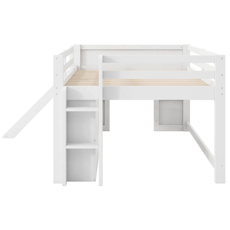 Full Size Low Loft Bed with Slide, 3 Drawers and 2 Doors
