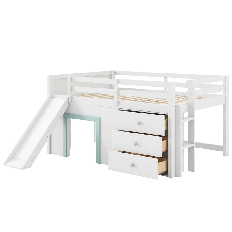 Full Size Low Loft Bed with Slide, 3 Drawers and 2 Doors