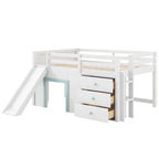 Full Size Low Loft Bed with Slide, 3 Drawers and 2 Doors