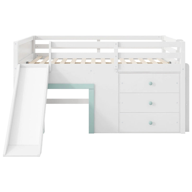 Full Size Low Loft Bed with Slide, 3 Drawers and 2 Doors